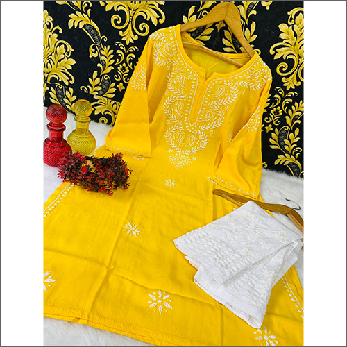 Lucknowi Handwork Chikankari Rayon  Kurti With Cotton Pant