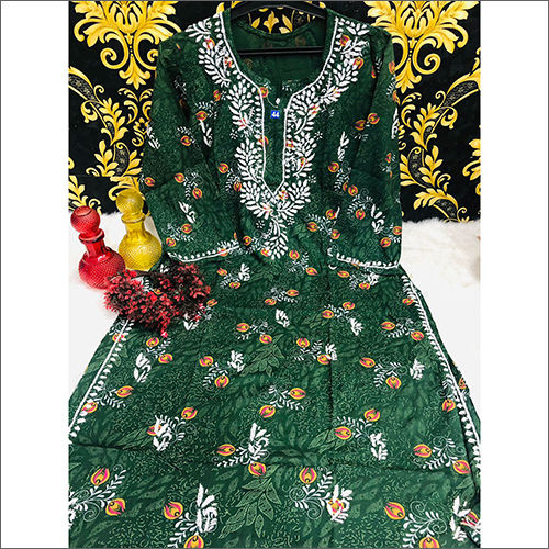 Green Handwork Lucknowi Chikankari Rayon Printed Kurti