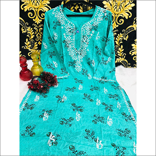 Lucknowi Rayon Chikankari Printed Glass Patti Kurti