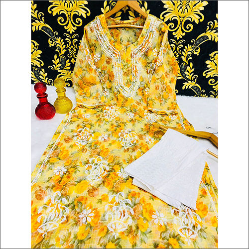 Lucknowi Chikankari Yellow Kurti With Cotton Pant