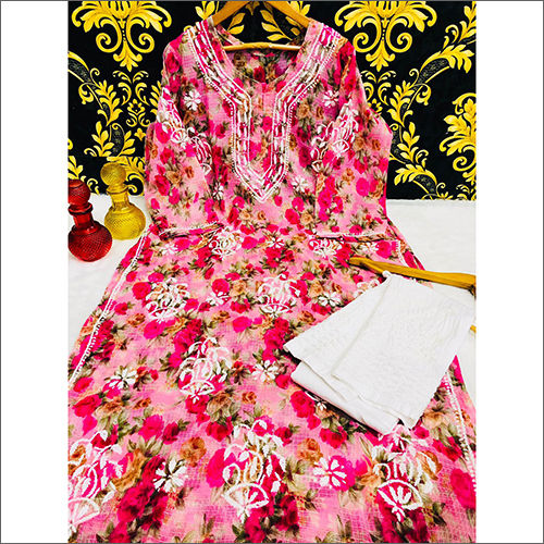 Pink Lucknowi Chikankari Party Wear Kurti With Cotton Pant