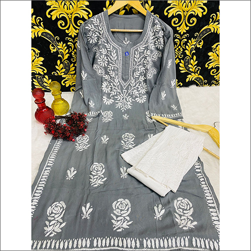 Light Blue Lucknowi Embroidered Pure Cotton Kurti Pant Set with Dupatt