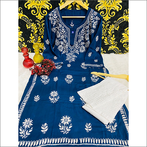 Lucknowi Chikankari Phool Patti Kurti With Cotton Pant