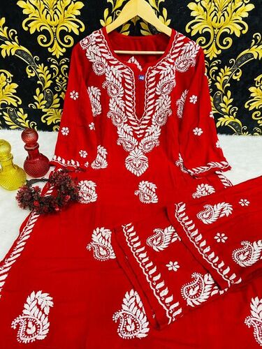 Georgette Lucknowi Chikankari Kurtis With Cotton Pant