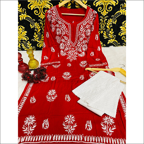 Lucknowi Chikankari Rayon Gala Phool Patti Kurti With Cotton Pant
