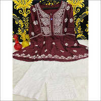 Lucknowi Chikankari Designer Ghass Rayon Short Gown With Cotton Palazzo