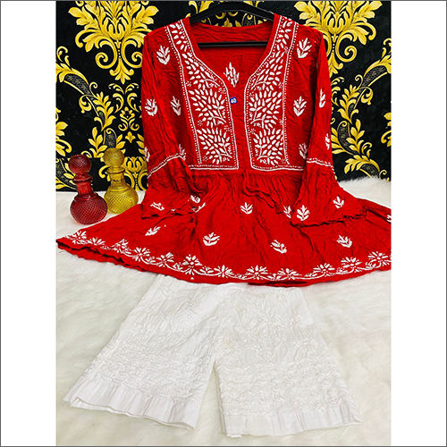 Red Chikankari Designer Short Kurti With Cotton Palazzo