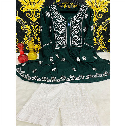 Women Chikankari Rayon Short Kurti With Cotton Palazzo