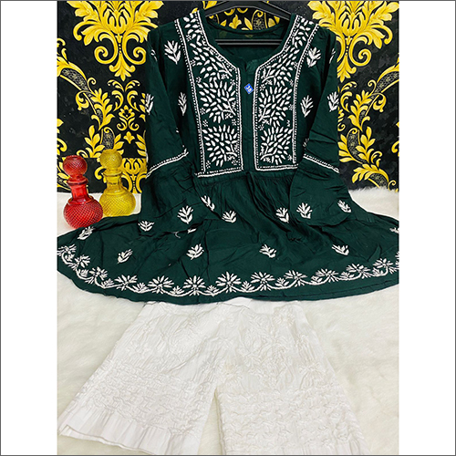 Women Chikankari Rayon Short Kurti With Cotton Palazzo