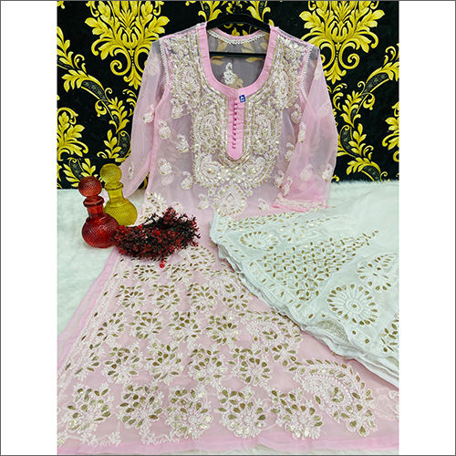 Pink Lucknowi Georgette Chikankari Gotapatti Side Chalk Kurti With Gotapatti Sharara