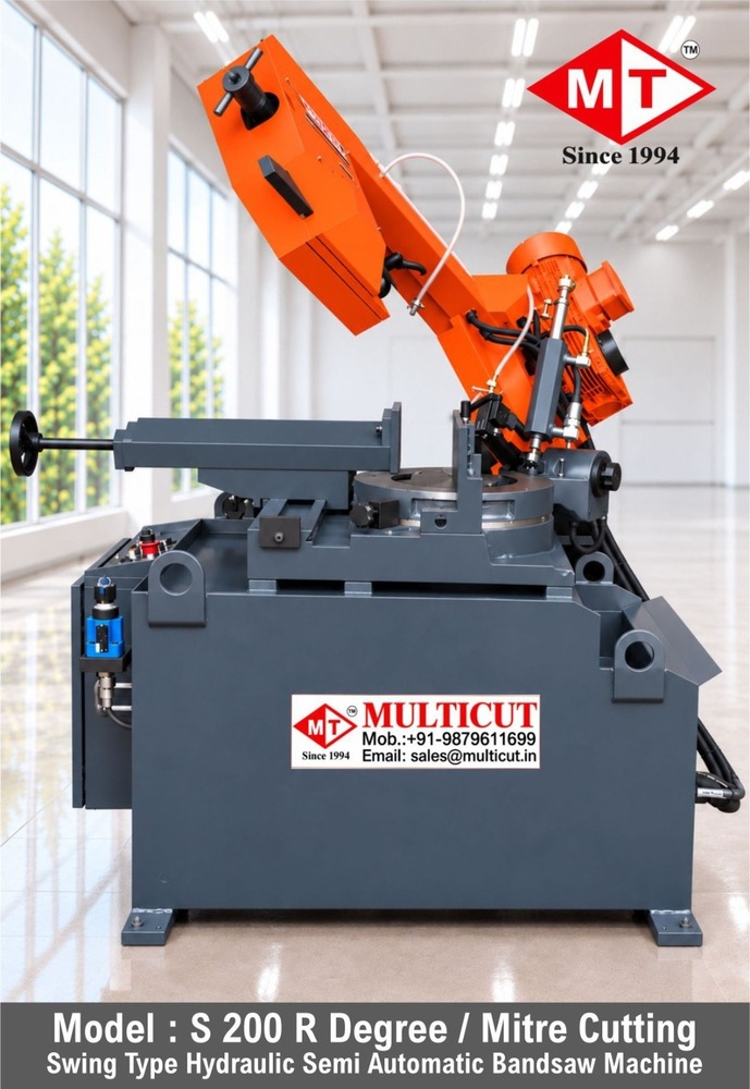 S 200 R Mitre Cutting Bandsaw Machine - Steel, 1700 x 850 x 1600 mm, Gray | Semi-Automatic, Hydraulic Cutting, High Efficiency, Low Noise