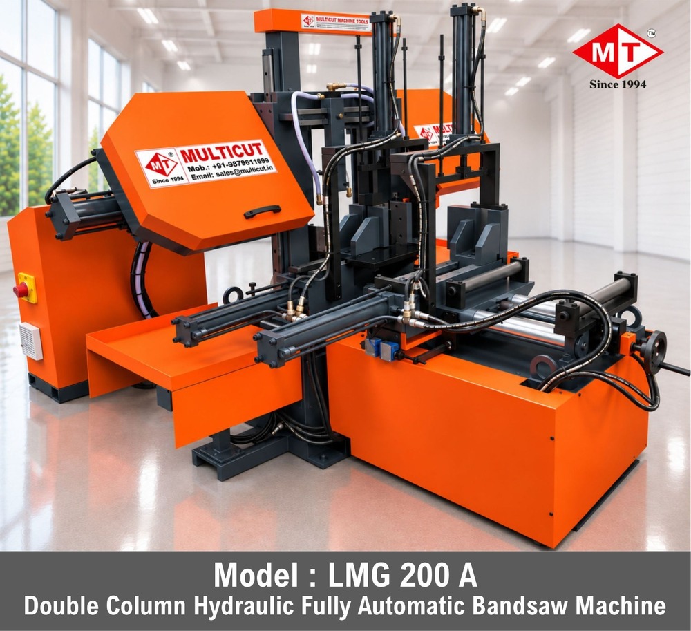 Double Column Band Saw Machine - 200 MM Round & Square Cutting Capacity, Gray Color | Fully Automatic, PLC Controlled, Low Noise, High Efficiency, 3 HP Motor