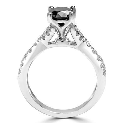 Twisted Round Black Diamond Engagement Ring In 14K White Gold With Accents