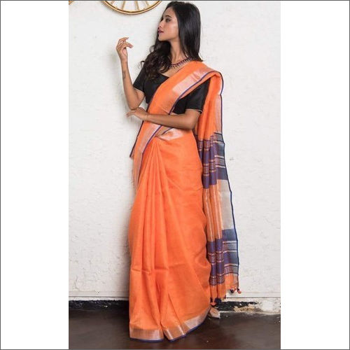 Orange Ladies Stylish Linen Saree