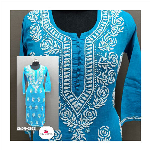 Sky Blue Fancy Cotton Chikankari Kurti