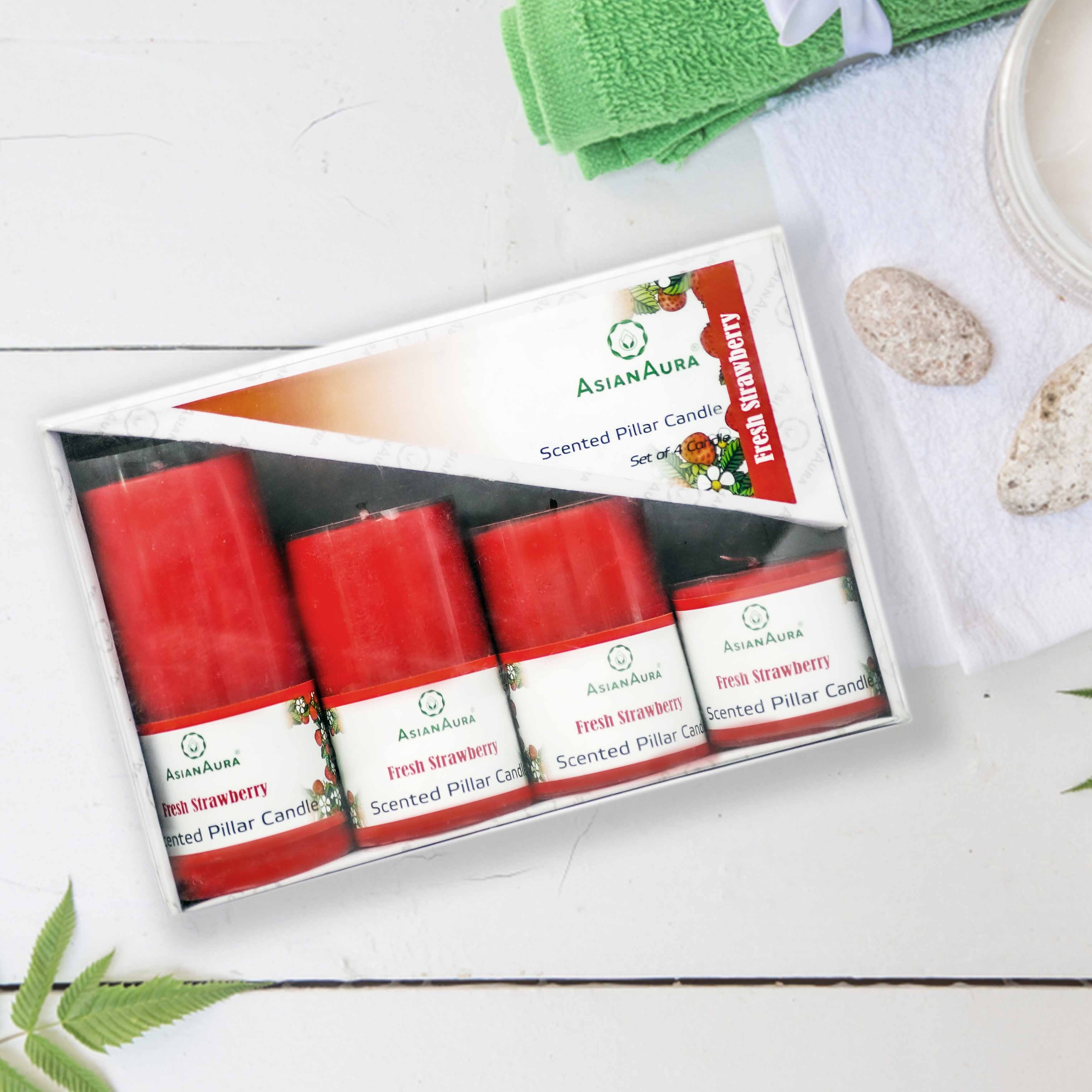 Asian Aura Fresh Strawberry Scented Pillar Candle Gift Set (Pack of 4)