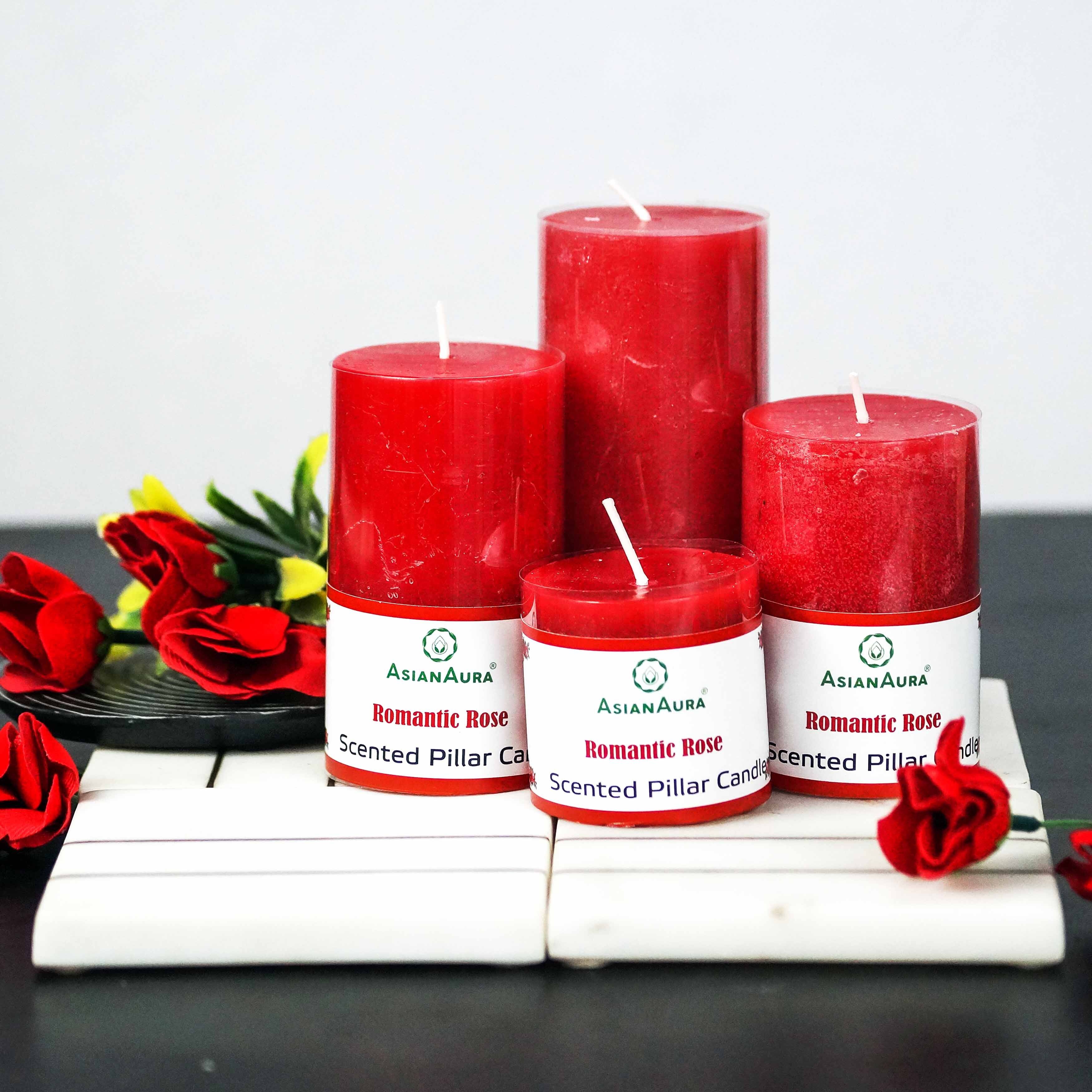 Asian Aura Romantic Rose Scented Pillar Candle Gift Set (Pack of 4)