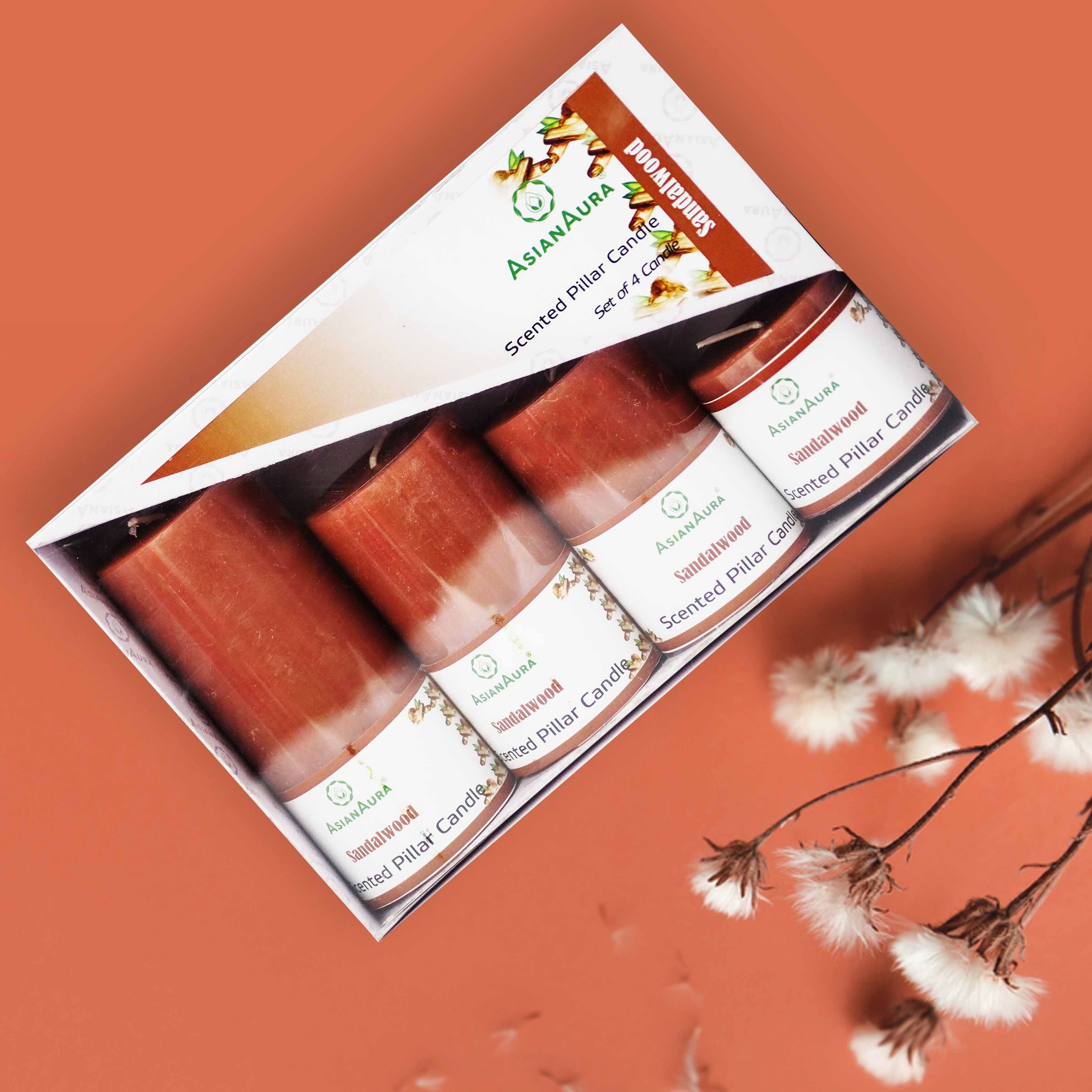 Asian Aura Sandalwood Scented Pillar Candle Gift Set (Pack of 4)