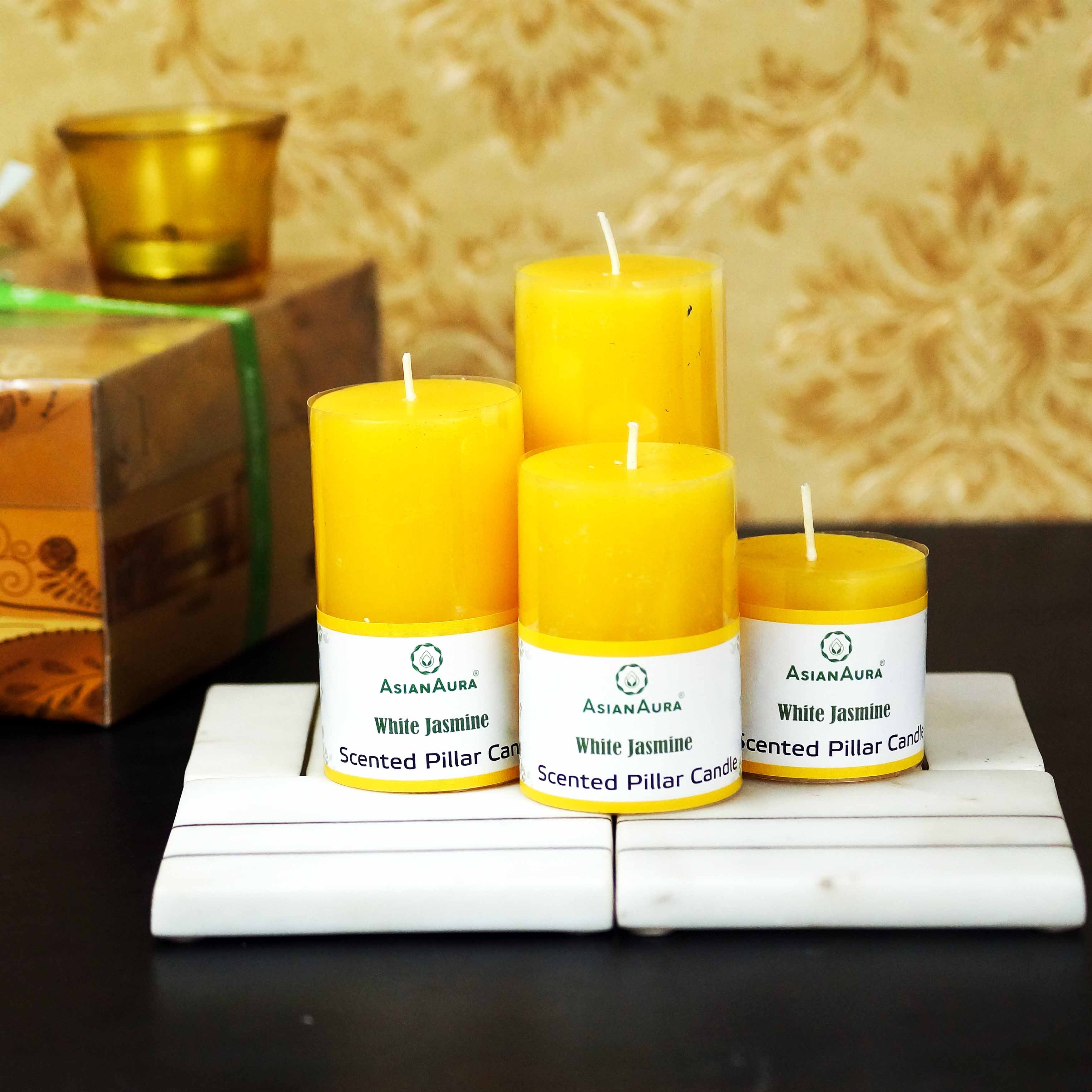 Asian Aura White Jasmine Scented Pillar Candle Gift Set (Pack of 4)