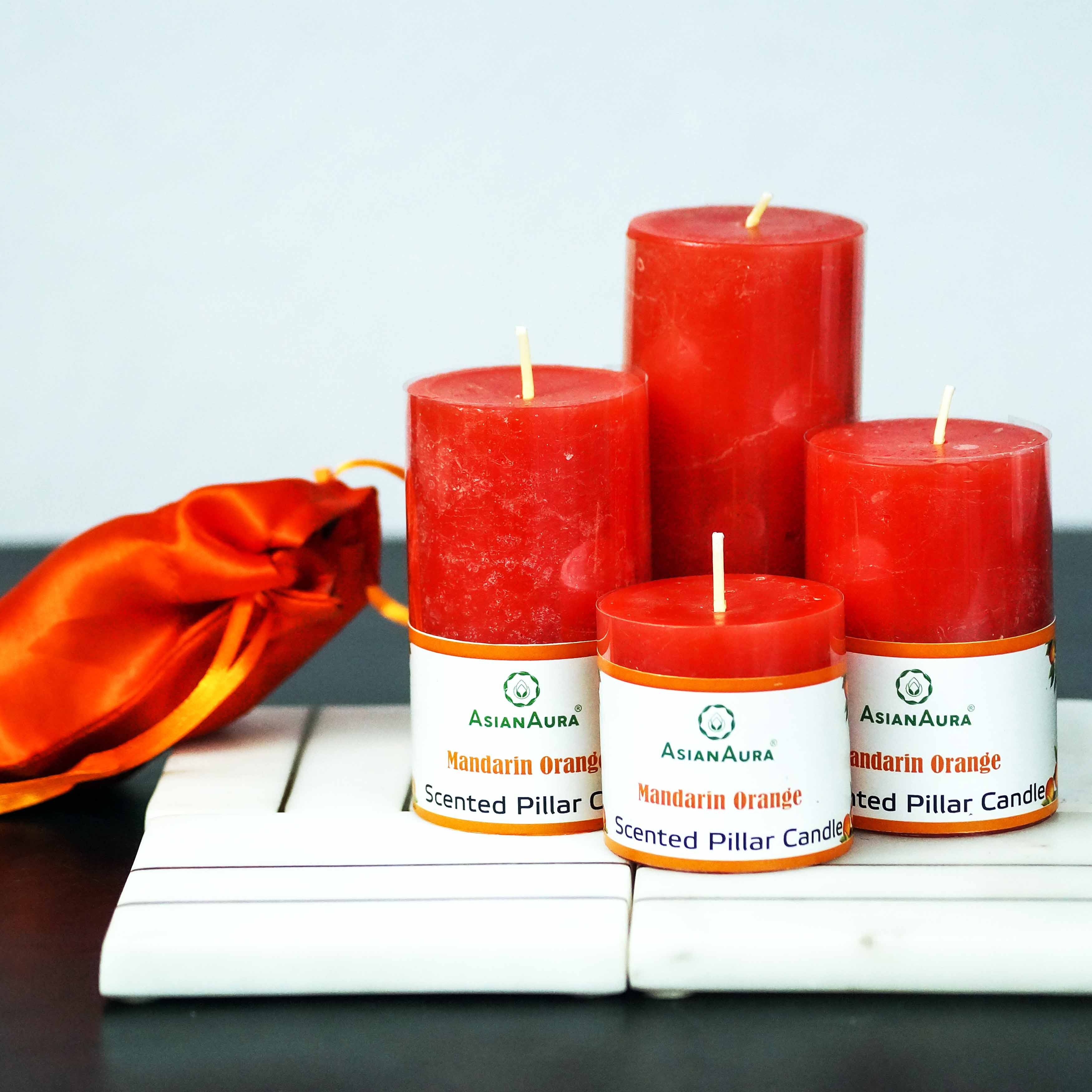 Asian Aura Mandarin Orange Scented Pillar Candle Gift Set (Pack of 4)