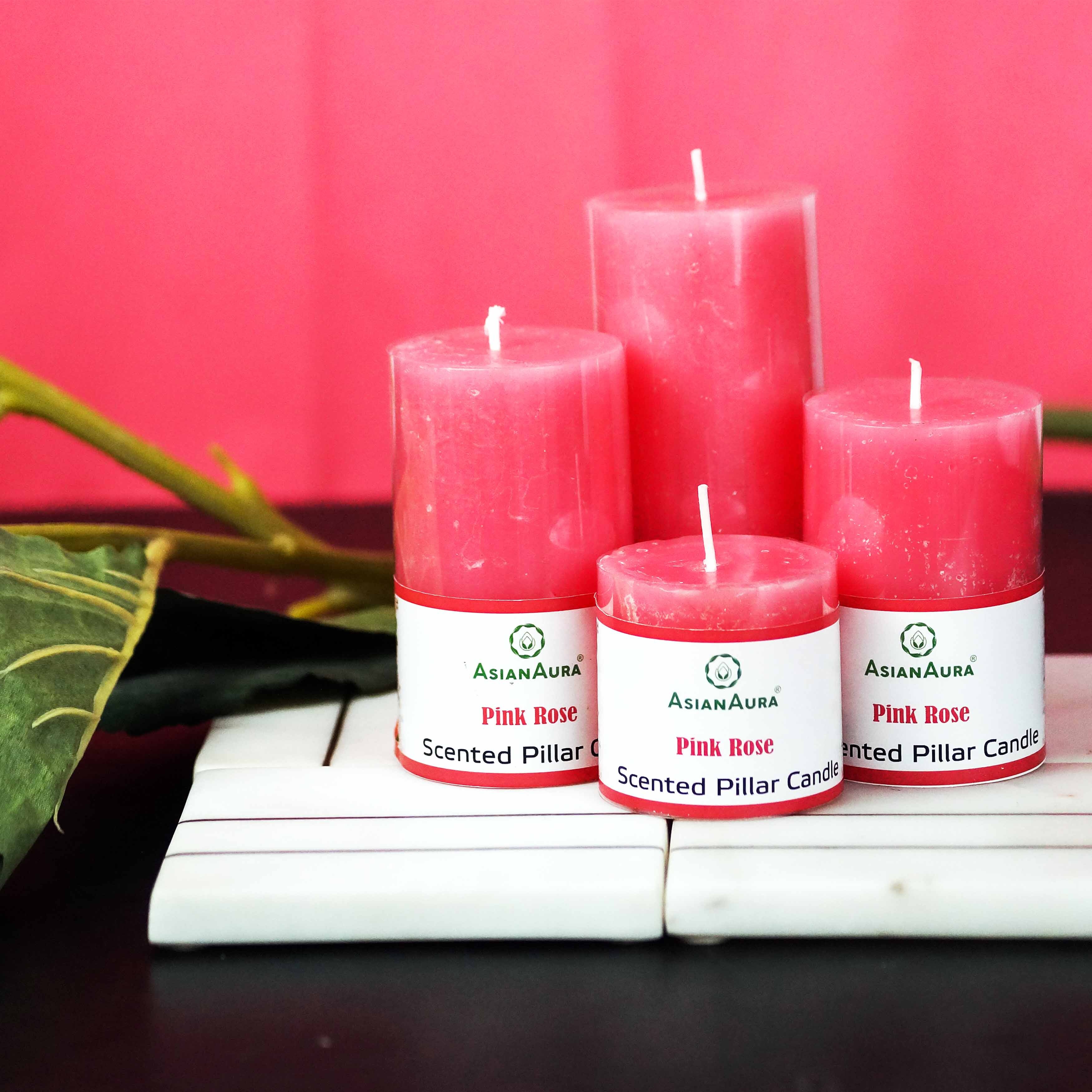 Asian Aura Pink Rose Scented Pillar Candle Gift Set (Pack of 4)