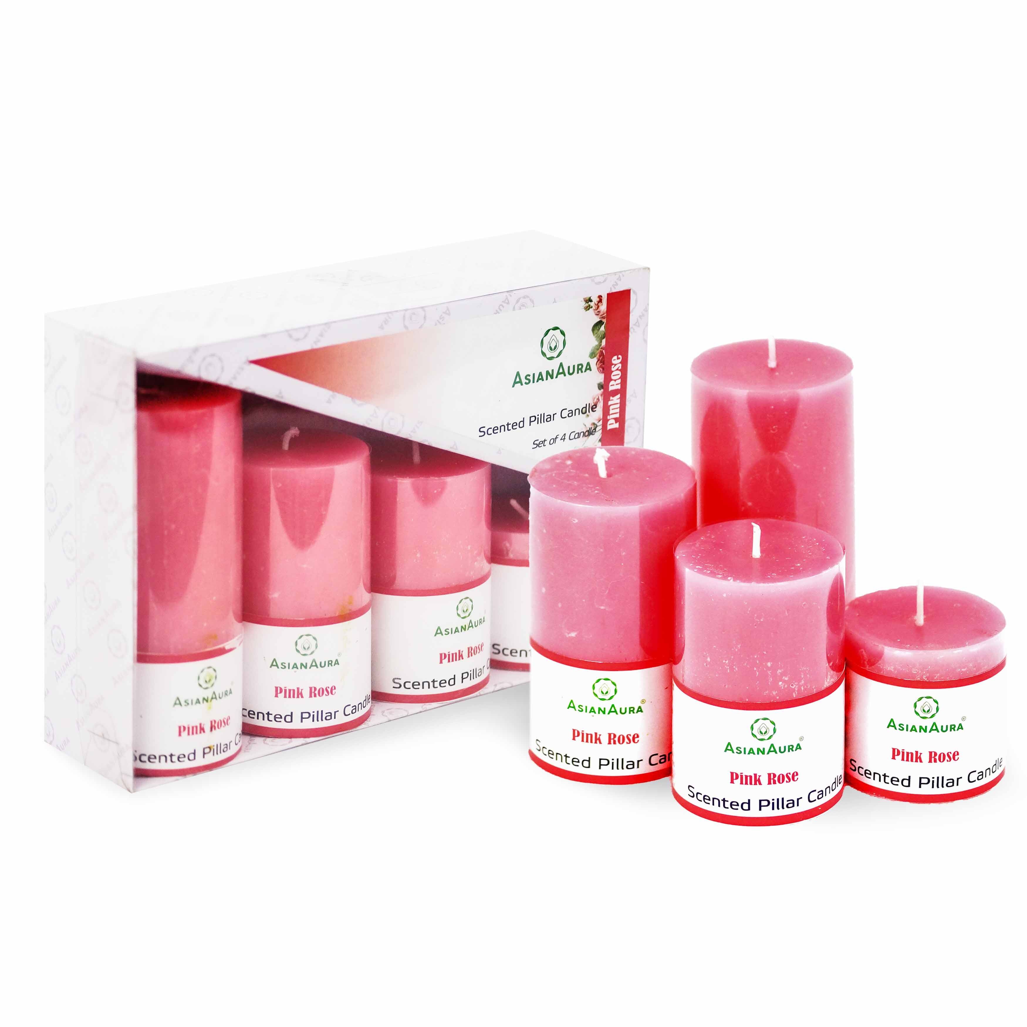 Asian Aura Pink Rose Scented Pillar Candle Gift Set (Pack of 4)