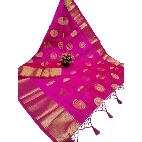 Zari Handloom Pink Golden Saree - Handwoven Fabric, Party Wear, Printed Design | Color: Pink, Seasonal Use: Rainy, Spring, Summer, Winter, 1-Year Warranty