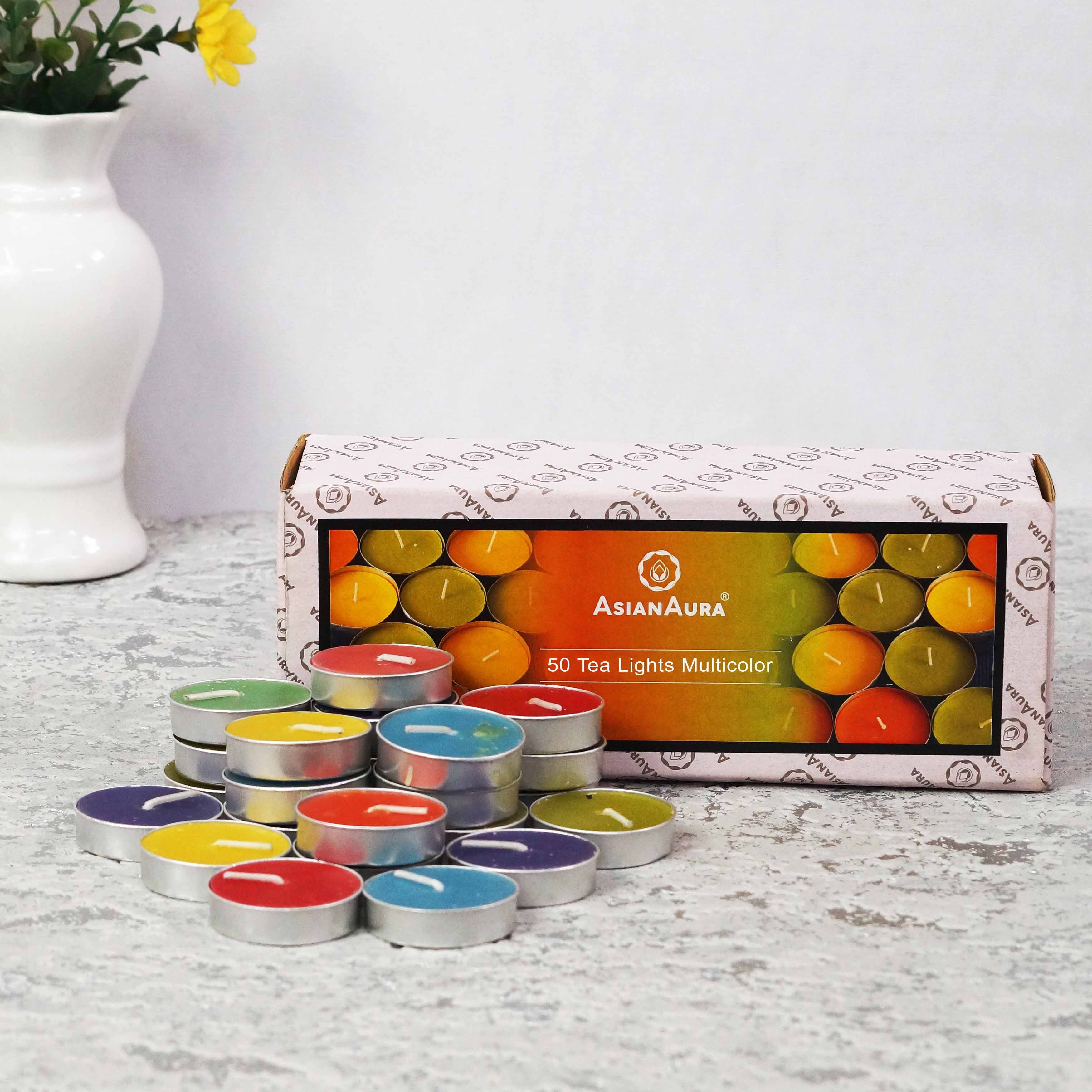 Asian Aura Smokeless T-Light Candles 3-4 Hrs Burning Time Candle Candle Multicolour Pack of 50