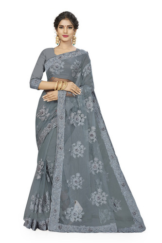 STYLISH GREY COLOR IN NET FABRIC WITH WORK OF Fancy Designer Embroderied Border With Heavy Daimond And Flower Butta Work