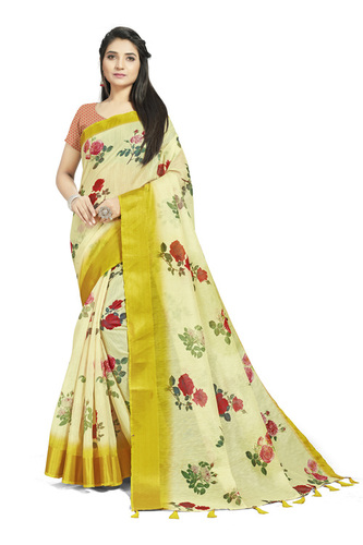 FANCY Yellow COLOUR IN Linen FABRIC WITH WORK OF Designer Heavy Digital Print Saree With Fancy Blouse By SAI TRENDZ