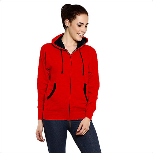 Red Women Cotton Blend Plain Hoodie