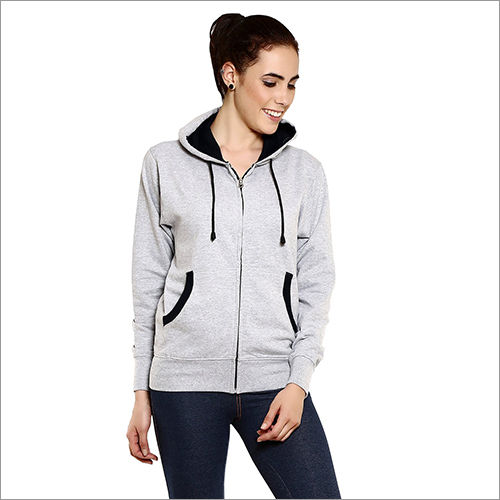 Women Cotton Blend Grey Hoodie