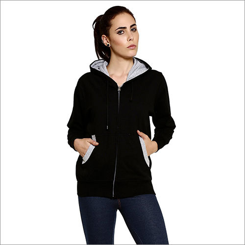 Women Plain Cotton Blend Black Hoodie