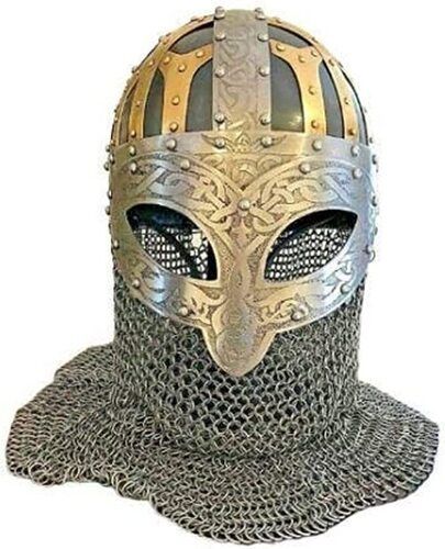 Viking Helmet Vendel SCA LARP Solid Helmet 14 Gauge Steel and Brass Helmet Silver Free Size