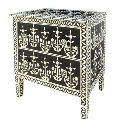 Crafted Flower Design Bone Inlay Bedside Table