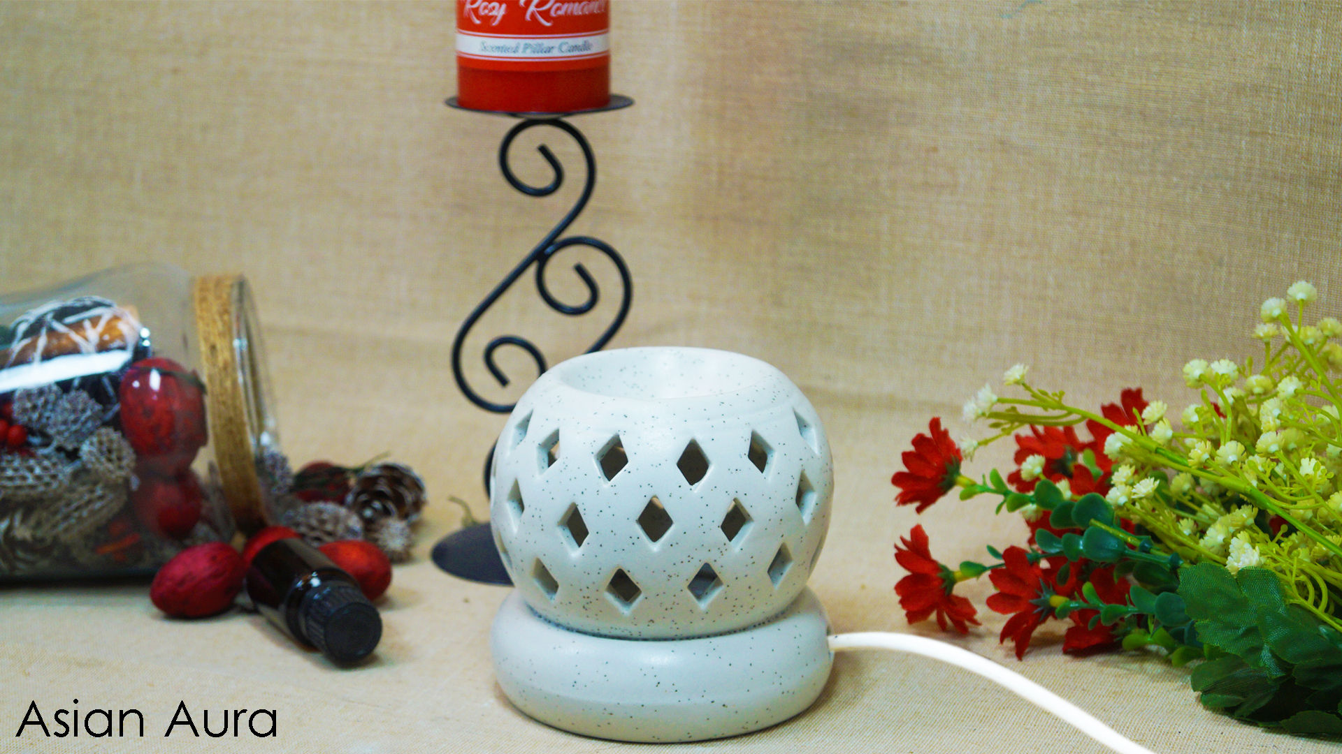 Asian Aura Ceramic Aromatic Oil Diffuser White with 2 oil bottles