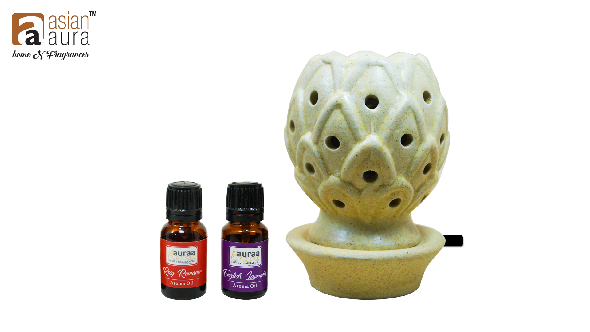 Asian Aura Ceramic Aromatic Oil Diffuser with 2 oil bottles (AAEB 002-B)