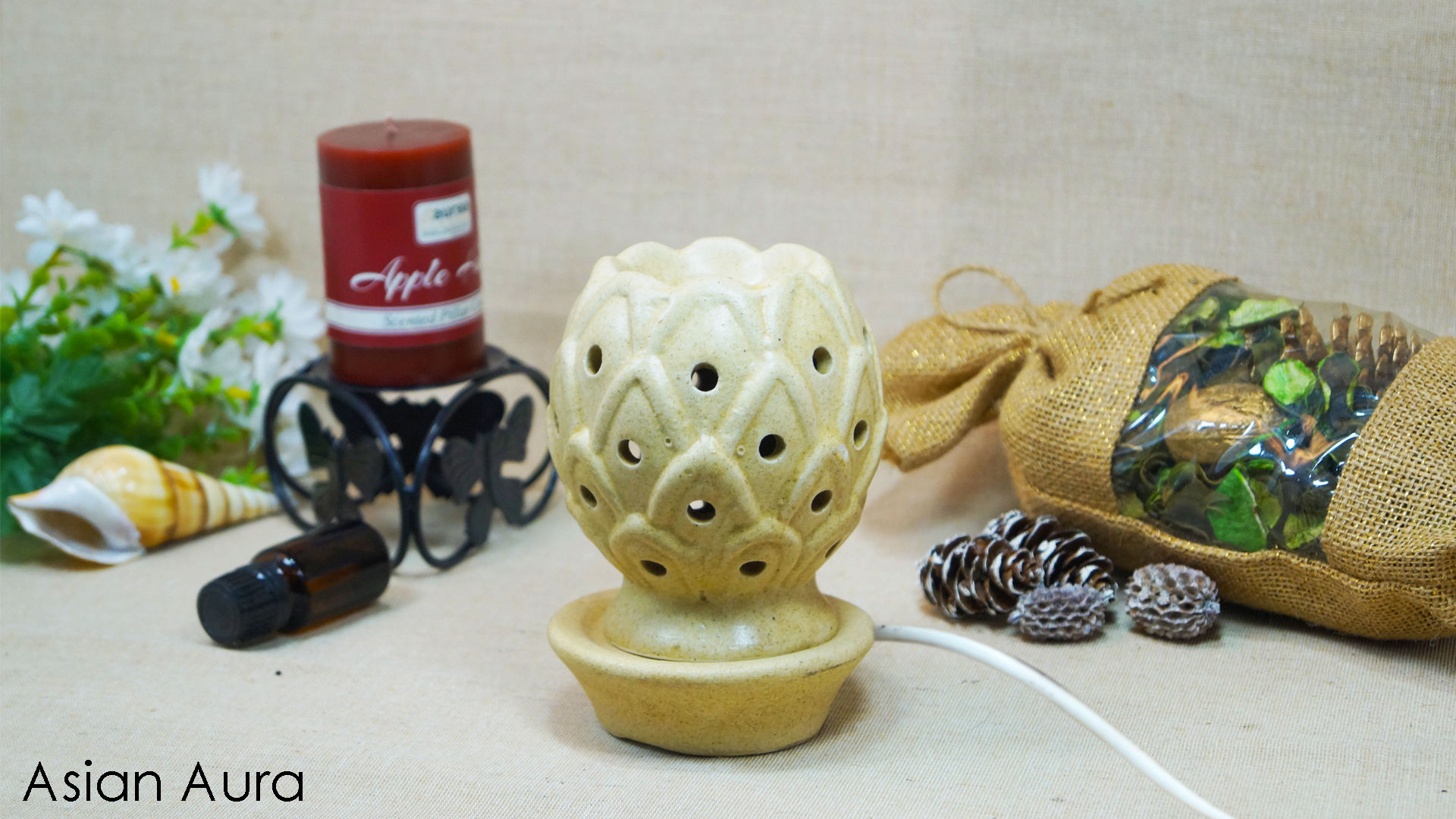 Asian Aura Ceramic Aromatic Oil Diffuser with 2 oil bottles (AAEB 002-B)
