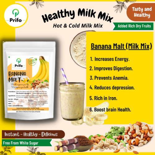 Prifo Banana Malt Added with Rich Dry Fruits Jaggery Powder Hot and Cold Milk Mix Natural Refreshing Drink Free from Chemicals and White Sugar