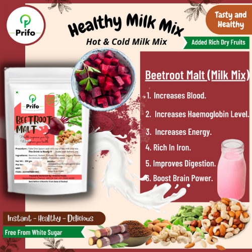 Prifo Beetroot Malt Added with Rich Dry Fruits Jaggery Powder Hot Cold Milk Mix Natural Refreshing Drink Free from Chemicals White Sugar Preservatives