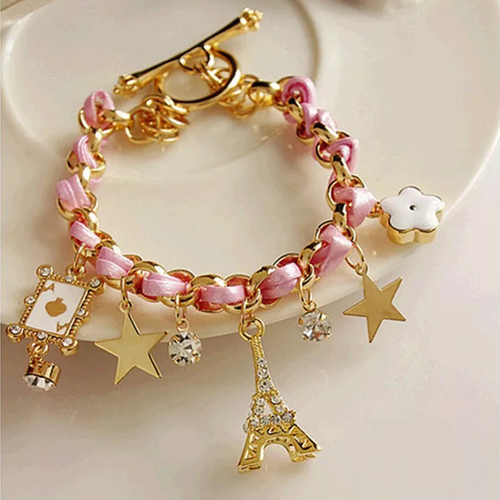 Vembley Pink Studded Eiffel Tower Star Charms Adjustable Bracelet For Women And Girls Diameter: 6.5  Centimeter (Cm)
