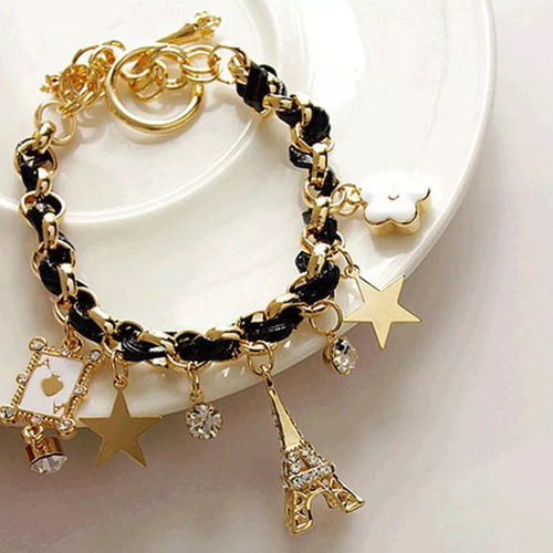 Vembley Black Studded Eiffel Tower Star Charms Adjustable Bracelet For Women And Girls Diameter: 6.5  Centimeter (Cm)