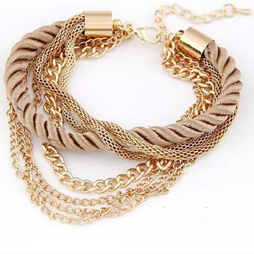 Vembley Multilayer Handwoven Rope Golden Chain Charm Bracelet For Women And Girls Diameter: 6.5  Centimeter (Cm)