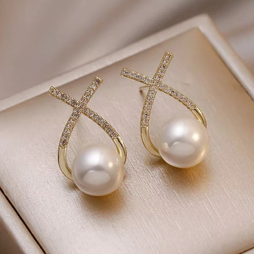 Vembley Korean Diamond Studded Cross Pearl Stud Earrings For Women And Girls 2 Pcs/Set