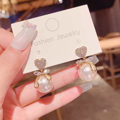 Vembley Korean Fashion Love Bow Pearl Stud Earrings For Women And Girls 2 Pcs/Set