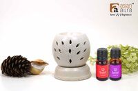 Asian Aura Ceramic Aromatic Oil Diffuser with 2 oil bottles AAEB 008-W