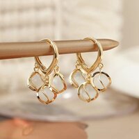 Korean Opal Stone Ball Luxury Hoop Earrings - Stainless Steel, One Size , Elegant Gold-plated Design For Parties, Weddings & Special Occasions