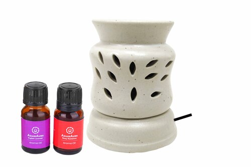 Asian Aura Ceramic Aromatic Oil Diffuser with 2 oil bottles AAEB 009-W