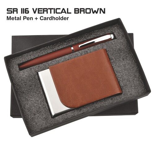 Metalic 2 In 1 Pen Cardholder Combo Gift Set Sr 116 Vertical Brown