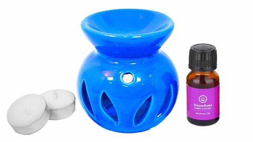 Asian Aura Ceramic Aromatic Oil Candle Diffuser with 2 oil bottles AA-CB-0024 Blue